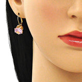 Oro Laminado Leverback Earring, Gold Filled Style with Pink Cubic Zirconia, Polished, Golden Finish