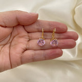 Oro Laminado Leverback Earring, Gold Filled Style with Pink Cubic Zirconia, Polished, Golden Finish
