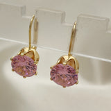 Oro Laminado Leverback Earring, Gold Filled Style with Pink Cubic Zirconia, Polished, Golden Finish