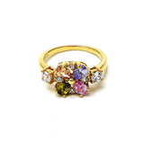 Oro Laminado Multi Stone Ring, Gold Filled Style Flower Design, with Multicolor and White Cubic Zirconia, Polished, Golden Finish