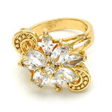 Oro Laminado Multi Stone Ring, Gold Filled Style Flower Design, with White Cubic Zirconia, Polished, Golden Finish