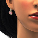 Oro Laminado Leverback Earring, Gold Filled Style Flower Design, with Pink and White Crystal, Polished, Golden Finish