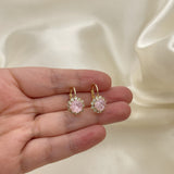 Oro Laminado Leverback Earring, Gold Filled Style Flower Design, with Pink and White Crystal, Polished, Golden Finish