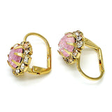 Oro Laminado Leverback Earring, Gold Filled Style Flower Design, with Pink and White Crystal, Polished, Golden Finish