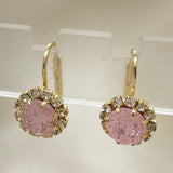 Oro Laminado Leverback Earring, Gold Filled Style Flower Design, with Pink and White Crystal, Polished, Golden Finish