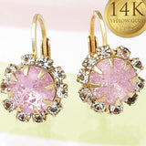 Oro Laminado Leverback Earring, Gold Filled Style Flower Design, with Pink and White Crystal, Polished, Golden Finish