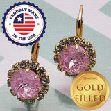 Oro Laminado Leverback Earring, Gold Filled Style Flower Design, with Pink and White Crystal, Polished, Golden Finish