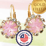 Oro Laminado Leverback Earring, Gold Filled Style Flower Design, with Pink and White Crystal, Polished, Golden Finish