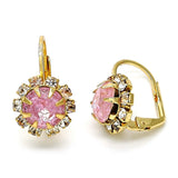 Oro Laminado Leverback Earring, Gold Filled Style Flower Design, with Pink and White Crystal, Polished, Golden Finish