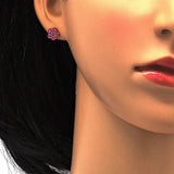 Stainless Steel Stud Earring, Flower Design, with Pink Crystal, Polished, Golden Finish