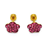 Stainless Steel Stud Earring, Flower Design, with Pink Crystal, Polished, Golden Finish
