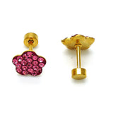 Stainless Steel Stud Earring, Flower Design, with Pink Crystal, Polished, Golden Finish