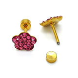 Stainless Steel Stud Earring, Flower Design, with Pink Crystal, Polished, Golden Finish