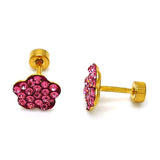 Stainless Steel Stud Earring, Flower Design, with Pink Crystal, Polished, Golden Finish