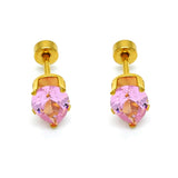 Stainless Steel Stud Earring, Teardrop Design, with Pink Cubic Zirconia, Polished, Golden Finish