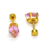 Stainless Steel Stud Earring, Teardrop Design, with Pink Cubic Zirconia, Polished, Golden Finish