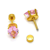 Stainless Steel Stud Earring, Teardrop Design, with Pink Cubic Zirconia, Polished, Golden Finish