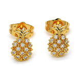 Oro Laminado Stud Earring, Gold Filled Style Pineapple Design, with White Micro Pave, Polished, Golden Finish