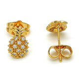 Oro Laminado Stud Earring, Gold Filled Style Pineapple Design, with White Micro Pave, Polished, Golden Finish