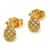 Oro Laminado Stud Earring, Gold Filled Style Pineapple Design, with White Micro Pave, Polished, Golden Finish