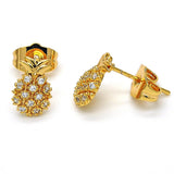 Oro Laminado Stud Earring, Gold Filled Style Pineapple Design, with White Micro Pave, Polished, Golden Finish