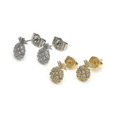 Oro Laminado Stud Earring, Gold Filled Style Pineapple Design, with White Micro Pave, Polished, Golden Finish