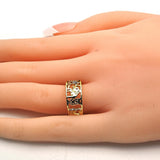 Oro Laminado Elegant Ring, Gold Filled Style Elephant and Owl Design, with Garnet Micro Pave, Polished, Tricolor