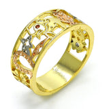 Oro Laminado Elegant Ring, Gold Filled Style Elephant and Owl Design, with Garnet Micro Pave, Polished, Tricolor