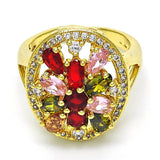 Oro Laminado Multi Stone Ring, Gold Filled Style Flower Design, with Multicolor Cubic Zirconia, Polished, Golden Finish