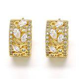 Oro Laminado Huggie Hoop, Gold Filled Style Leaf and Teardrop Design, with White Cubic Zirconia, Polished, Golden Finish