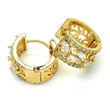 Oro Laminado Huggie Hoop, Gold Filled Style Leaf and Teardrop Design, with White Cubic Zirconia, Polished, Golden Finish