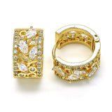 Oro Laminado Huggie Hoop, Gold Filled Style Leaf and Teardrop Design, with White Cubic Zirconia, Polished, Golden Finish