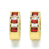 Oro Laminado Huggie Hoop, Gold Filled Style Baguette Design, with Garnet and White Cubic Zirconia, Polished, Golden Finish