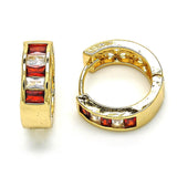 Oro Laminado Huggie Hoop, Gold Filled Style Baguette Design, with Garnet and White Cubic Zirconia, Polished, Golden Finish
