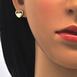 Oro Laminado Stud Earring, Gold Filled Style Heart Design, with White Micro Pave, Polished, Golden Finish
