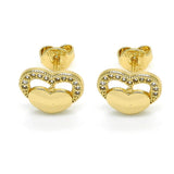 Oro Laminado Stud Earring, Gold Filled Style Heart Design, with White Micro Pave, Polished, Golden Finish