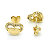 Oro Laminado Stud Earring, Gold Filled Style Heart Design, with White Micro Pave, Polished, Golden Finish
