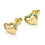 Oro Laminado Stud Earring, Gold Filled Style Heart Design, with White Micro Pave, Polished, Golden Finish