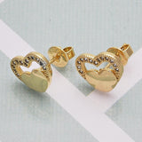 Oro Laminado Stud Earring, Gold Filled Style Heart Design, with White Micro Pave, Polished, Golden Finish