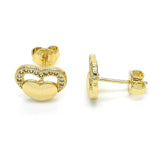 Oro Laminado Stud Earring, Gold Filled Style Heart Design, with White Micro Pave, Polished, Golden Finish