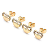 Oro Laminado Stud Earring, Gold Filled Style Heart Design, with White Micro Pave, Polished, Golden Finish