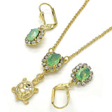 Oro Laminado Earring and Pendant Adult Set, Gold Filled Style Turtle Design, with Chrysolite Opal and White Crystal, Polished, Golden Finish