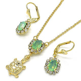 Oro Laminado Earring and Pendant Adult Set, Gold Filled Style Turtle Design, with Chrysolite Opal and White Crystal, Polished, Golden Finish