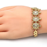 Oro Laminado Fancy Bracelet, Gold Filled Style Turtle and Leaf Design, with White Cubic Zirconia, Polished, Golden Finish