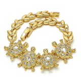 Oro Laminado Fancy Bracelet, Gold Filled Style Turtle and Leaf Design, with White Cubic Zirconia, Polished, Golden Finish