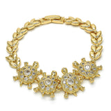 Oro Laminado Fancy Bracelet, Gold Filled Style Turtle and Leaf Design, with White Cubic Zirconia, Polished, Golden Finish
