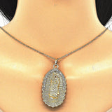 Oro Laminado Religious Pendant, Gold Filled Style Guadalupe Design, with White Crystal, Polished, Golden Finish