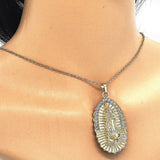 Oro Laminado Religious Pendant, Gold Filled Style Guadalupe Design, with White Crystal, Polished, Golden Finish