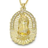 Oro Laminado Religious Pendant, Gold Filled Style Guadalupe Design, with White Crystal, Polished, Golden Finish
