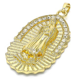 Oro Laminado Religious Pendant, Gold Filled Style Guadalupe Design, with White Crystal, Polished, Golden Finish